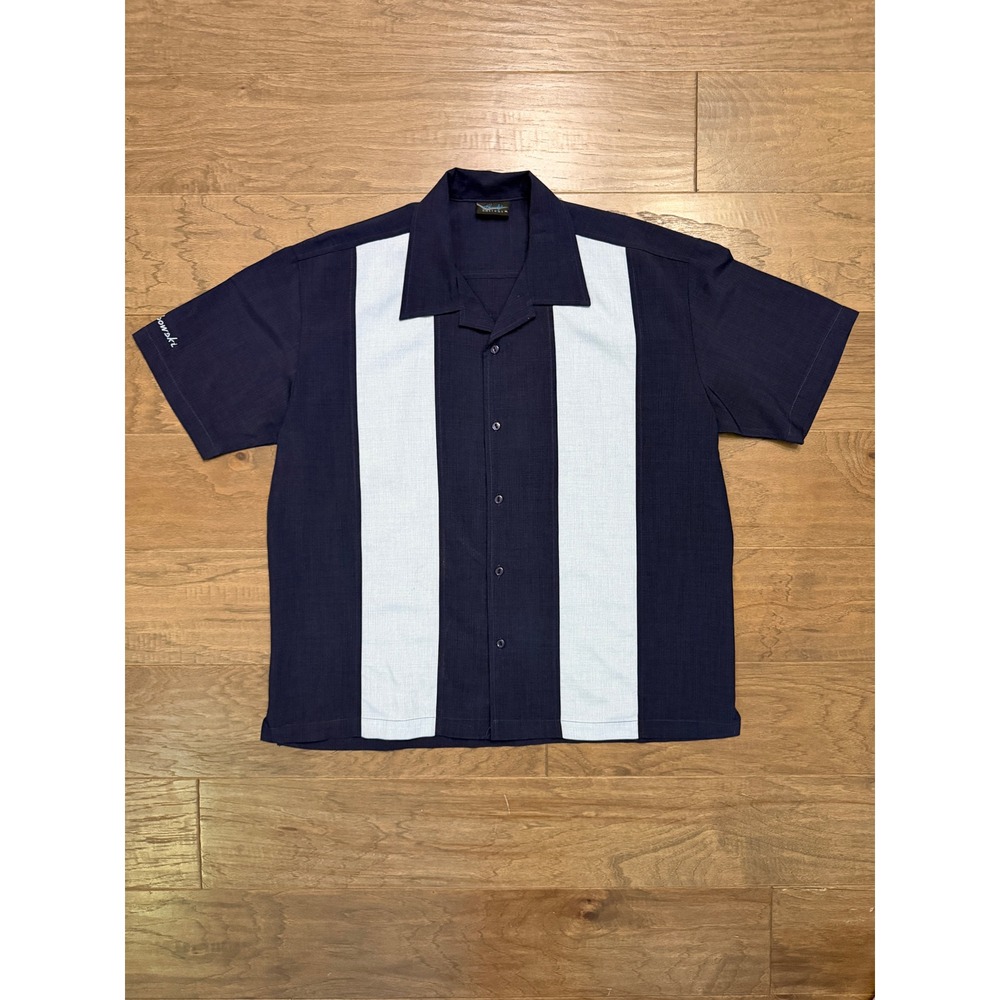 Steady Customs Bowling Shirt Mens XL Navy Blue Polyester Striped Lebowski Retro